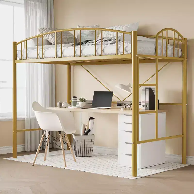 Twin Size Bed with Ladder  High-Arched Guardrail and Metal Slats, Space-Saving, Easy Assembly, Safe for Kids/AdultsGold