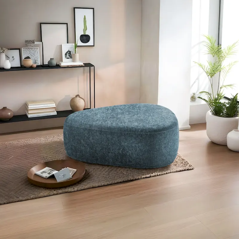 Rounded Triangle Upholstered Ottoman – Fabric Footstool, Single Seat (Blue / Grey / Green / Light Sand / Light Grey)