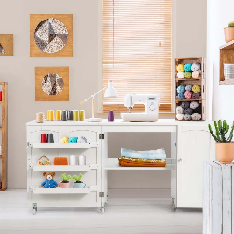 Folding Sewing Table with Storage Cabinet and Rolling Casters