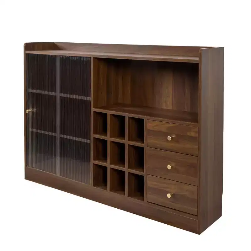 Kitchen Sideboard Buffet Cabinet with Fluted Glass Doors, Drawers & Wine Storage - Walnut