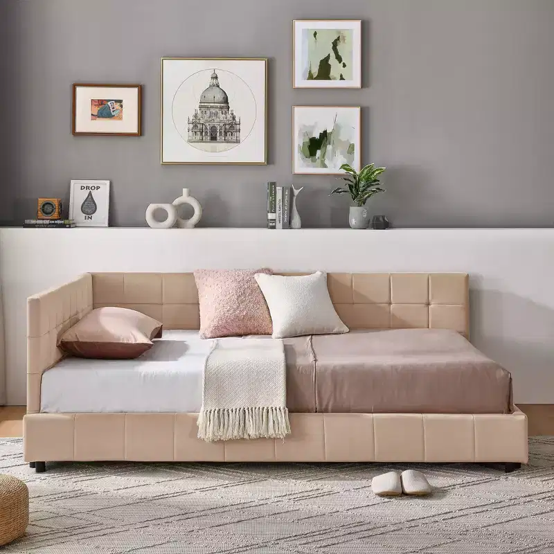 Okak Full Size Upholstered Tufted Bed Frame, Sofa Bed Frame with Comfortable Backrest and Armrests, Full Size Bed for Bedroom, Living Room, Pink