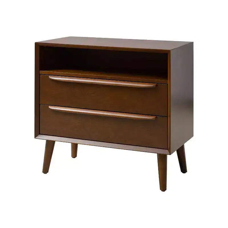 Margery Mid-century Modern 2 - Drawer end table with Built-In Outlets and Cable Management and Open Shelf | HULALA HOME
