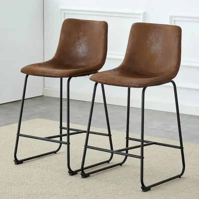PU Leather Bar Stools (2-Pack), Counter Height Bar Stools with Back and Footrest, Kitchen Island Chair with Metal Legs