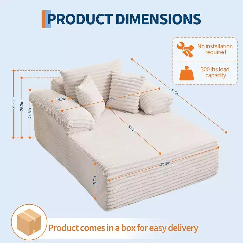Oversized Chaise Lounge Chair Sofa Bed, Corduroy Sleeper Sofa with Pillows and Wide Armrests for Living Room, Bedroom, Movie Room