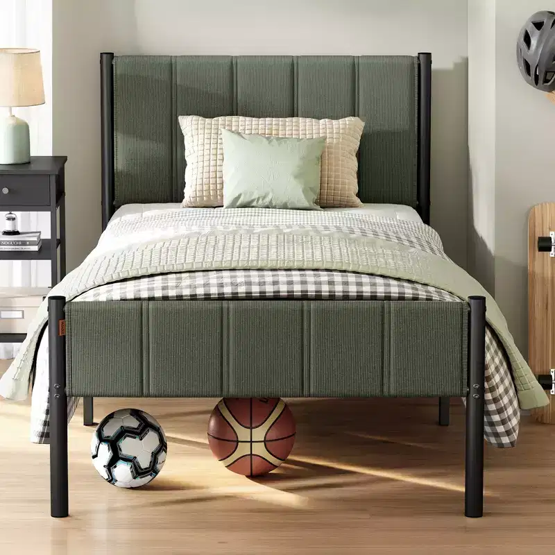 Twin Bed Frame with Upholstered Headboard