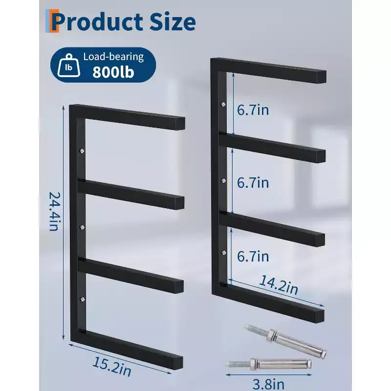 Lumber Storage Rack, Set of 2, Wall Mount, Heavy Duty Steel 4-Tier Wood Organizer Storage Shelves, 800LBS Capacity, for Shed, Workshop, Garage