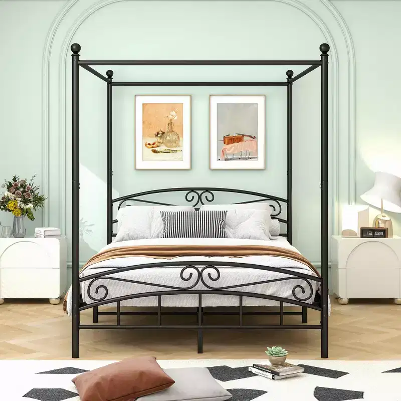 Queen Size Canopy Metal Bed Frame with Vintage Headboard and 12.4