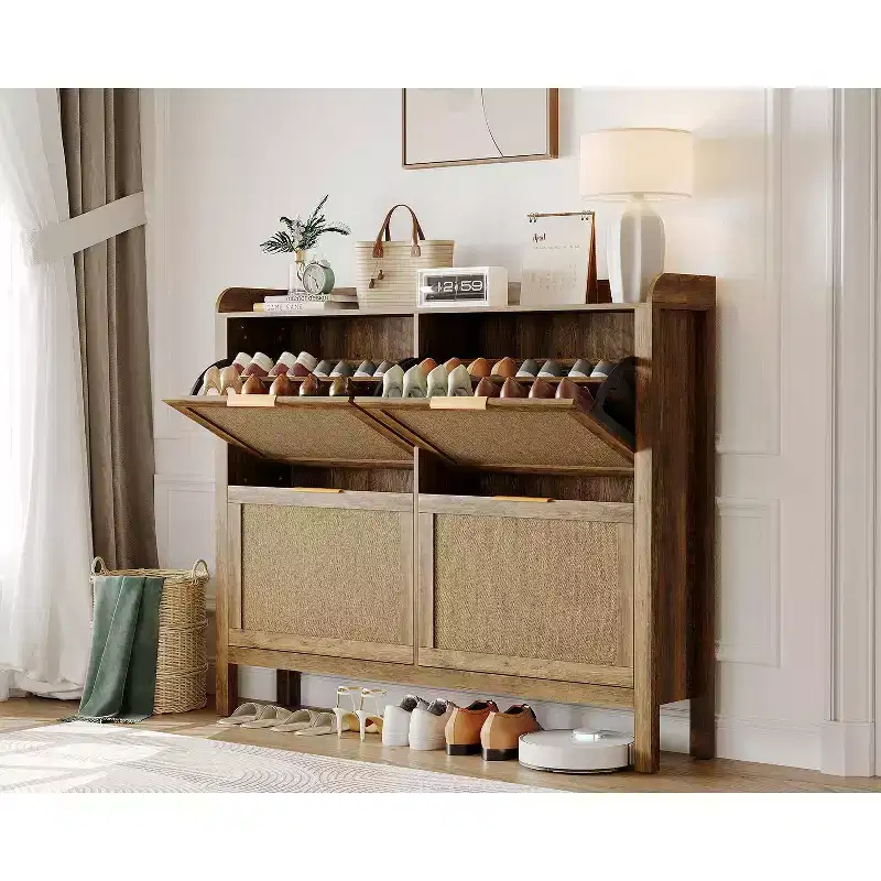 Farmhouse Rattan Shoe Cabinet, 47 Inch Boho Shoes Organizer with 4 Flip Drawers, Freestanding Narrow Shoe Rack for Entryway, Brown