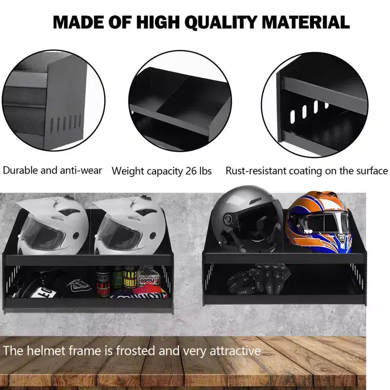 Wall-Mounted Helmet Rack, Aluminum Double Helmet Holder with Hooks for Hanging Clothes, Helmet Stand Storage Cabinet Organizer for Garage Shop Use