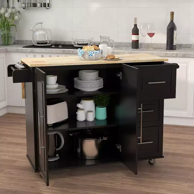 Kitchen Island with Extensible Solid Wood Tabletop, Rolling Kitchen Cart with 2 Doors and 3 Drawers, Countertop Organizer for Home, Black