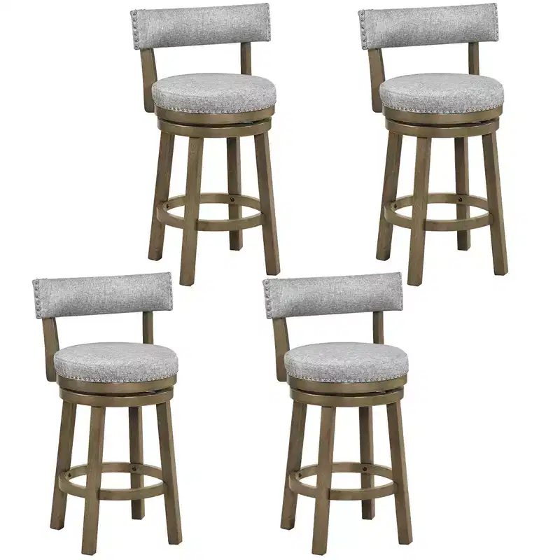 Costway Set of 4 Upholstered Swivel Bar Stools Wooden Counter Height Kitchen Chairs Gray