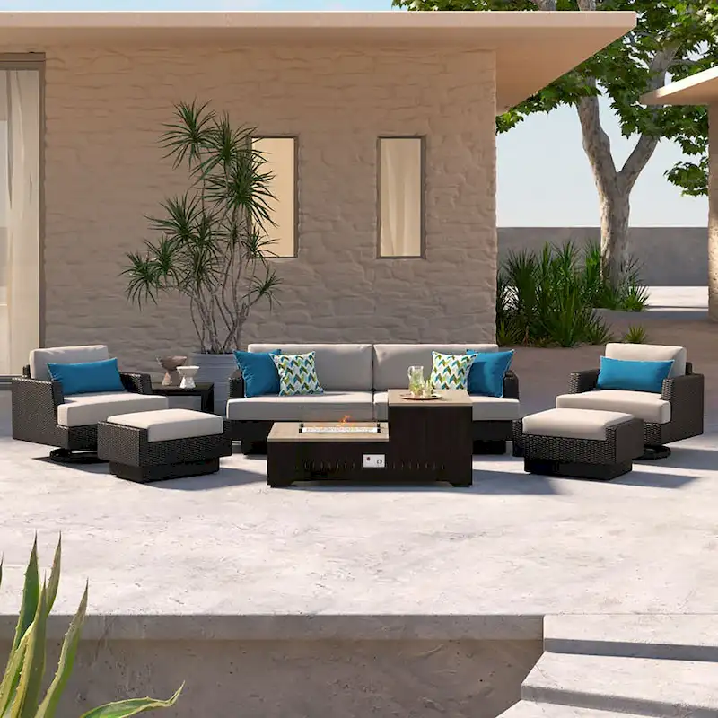 Portofino Comfort 8 Piece Sunbrella Outdoor Patio Motion Fire Seating