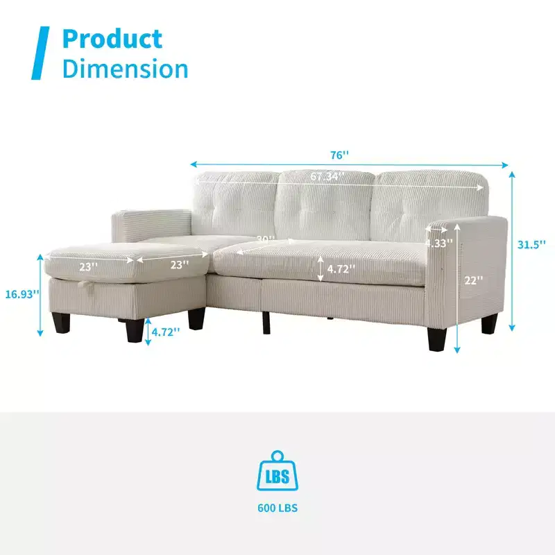 76in Convertible L-Shaped Sectional Sofa with Storage Ottoman, Corduroy, 3-Seater