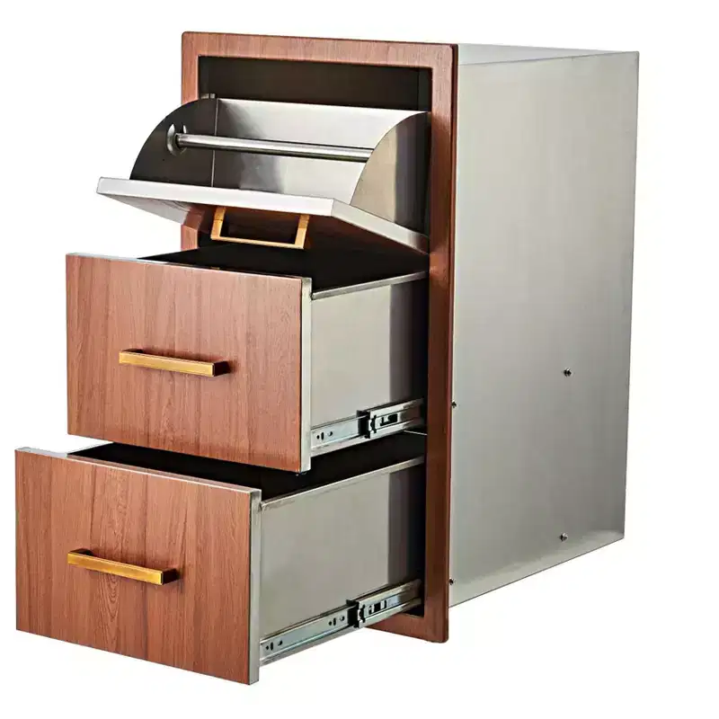 Outdoor Kitchen Drawers 17 W x 30 H x 21 D, Flush Mount Triple BBQ Drawers with Stainless Steel Handle, Paper Towel