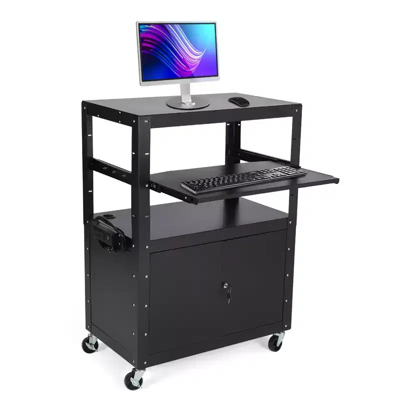 Rolling AV Cart with Lockable Cabinet, 24-42 Height Adjustable, Non-Slip Mat, 100-Pound Capacity, Mobile Workstation with Extra Storage