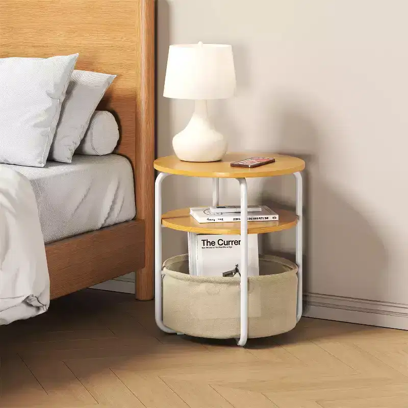 Small Round Side Table with Storage Bag, 3-Tier Accent Round End Table, Vintage Sofa Corner Table, for Living Room