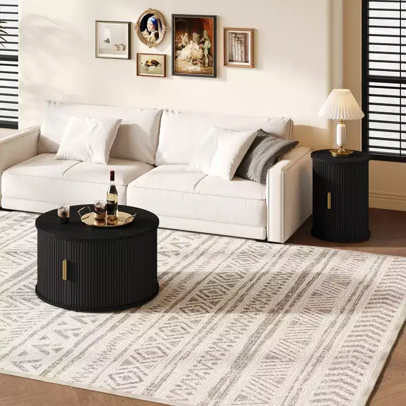 Mid-Century Coffee Table Set with Sliding Tambour Doors, Fluted Round Storage Side Tables for Living Room, Set of 2, Black