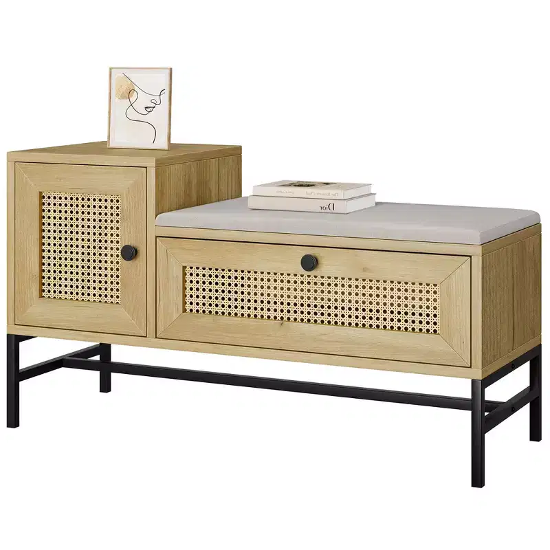 Rattan Shoe Bench with Storage, Entryway Bench with Flip Drawer Shoe Cabinet, Show Storage Bench for Hallway and Bedroom, Natural Oak