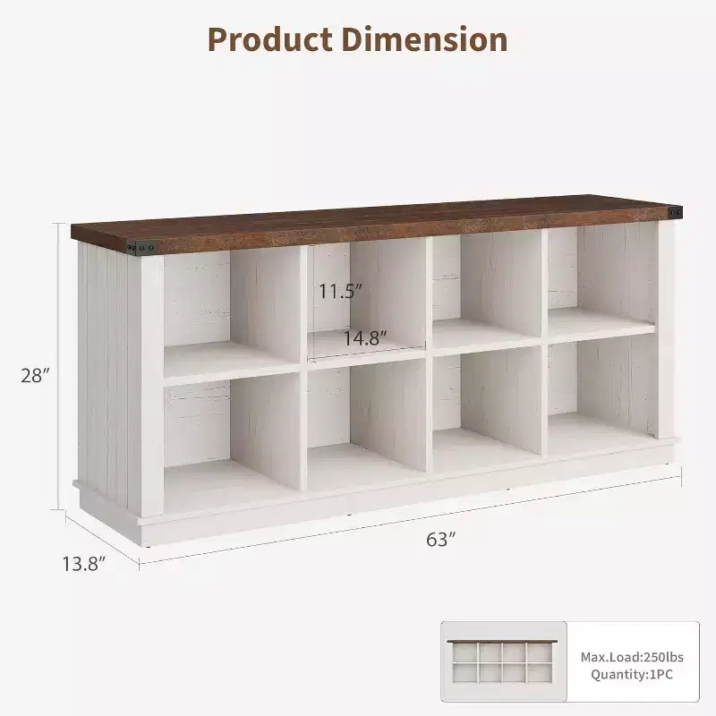 8 Cube Book Shelf, Rustic Farmhouse Wood Horizontal Bookshelf, Freestanding Bookcase Cabinet, 2-Tier Storage Organizer for Home, Office Brown White