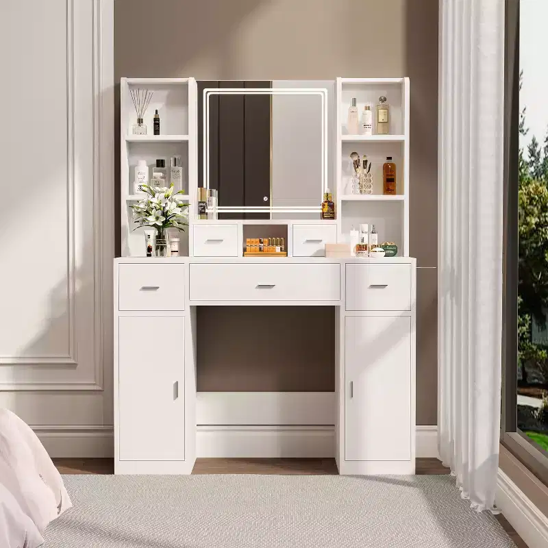 Vanity Table with LED Lights, 5 Drawers & Storage Cabinet – Dressing Pad, White