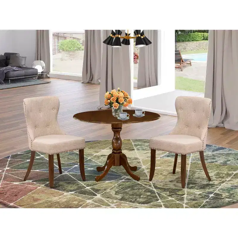 HomeStock Round Dinette Set Small Spaces Fabric Chairs Antique Walnut