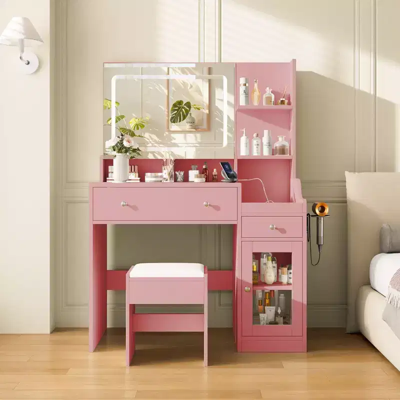 HYLEORY Vanity Desk with Mirror, Power Outlet, Hair Dryer Bracket, Makeup Table with 2 Drawers,3 Color Modes Available for Bedroom