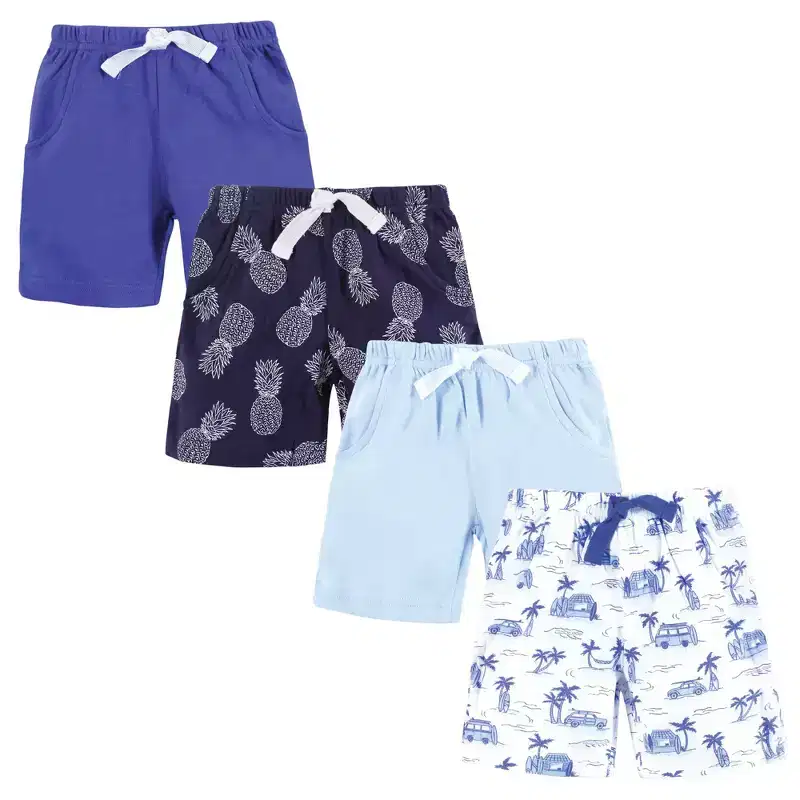 Hudson Baby Infant Boy Shorts Bottoms 4-Pack, Blue Tropical Scene