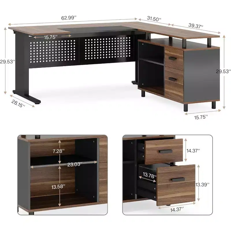 63 Inch L-Shaped Executive Desk with File Cabinet and Drawers for Home Office, Brown and Black