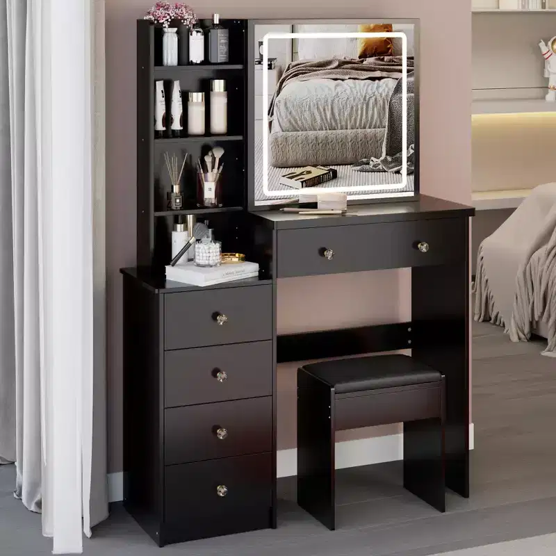 Okak Vanity Table Mirror with Lights and Table Set, 37 Large Left Bedside Cabinet Vanity Table and Cushioned Stool,Black