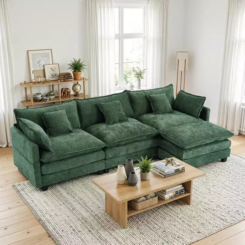 Chenille 3-Seat Sectional Sofa  Modular Deep Seat Sleeper Couch with Ottoman & Side Pocket