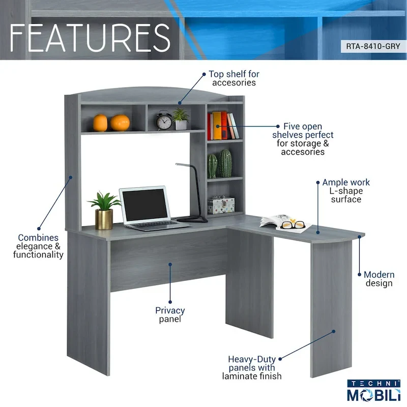 Grey L-Shaped Computer Desk with Hutch, 1-Person, 47.25