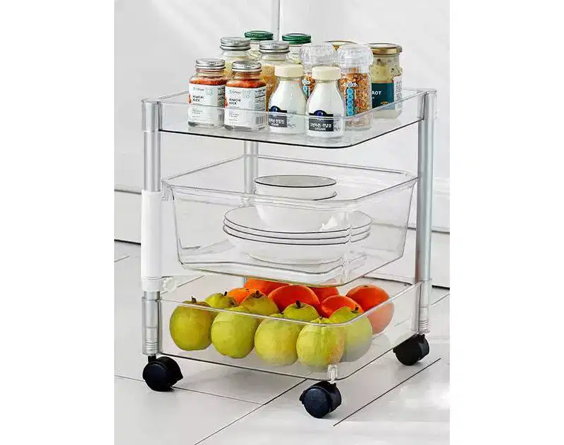 3-Tier Acrylic Clear Rolling Cart, Steel Posts, Swivel Center Bin, Locking Casters – 23