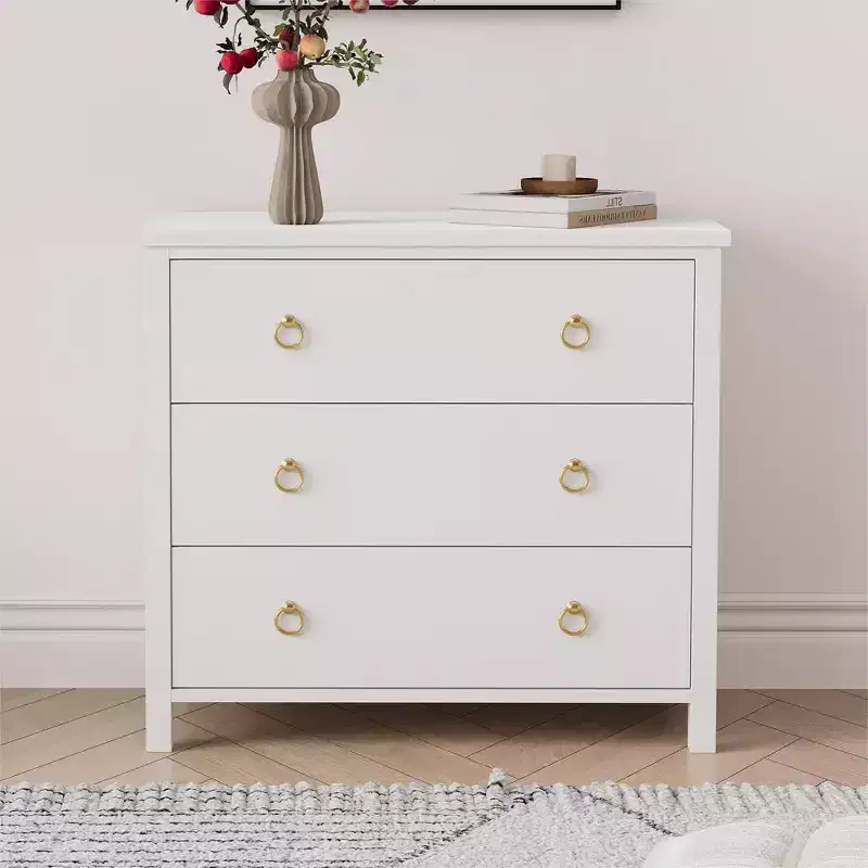 3 Drawer Dresser for Bedroom, Wooden Chest of Drawers with Gold Handles, Media Console Table TV Stand, Freestanding Closet Dresser for Living Room