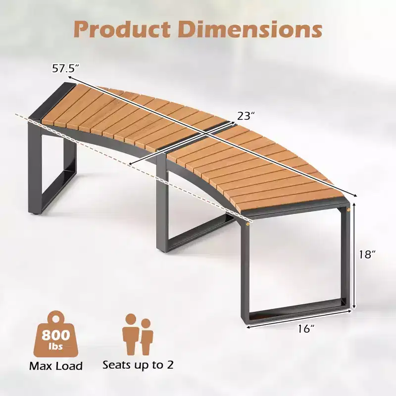 Costway Backless 2-Person Patio Curved Bench with Slatted Seat & Metal Legs Oil Painted