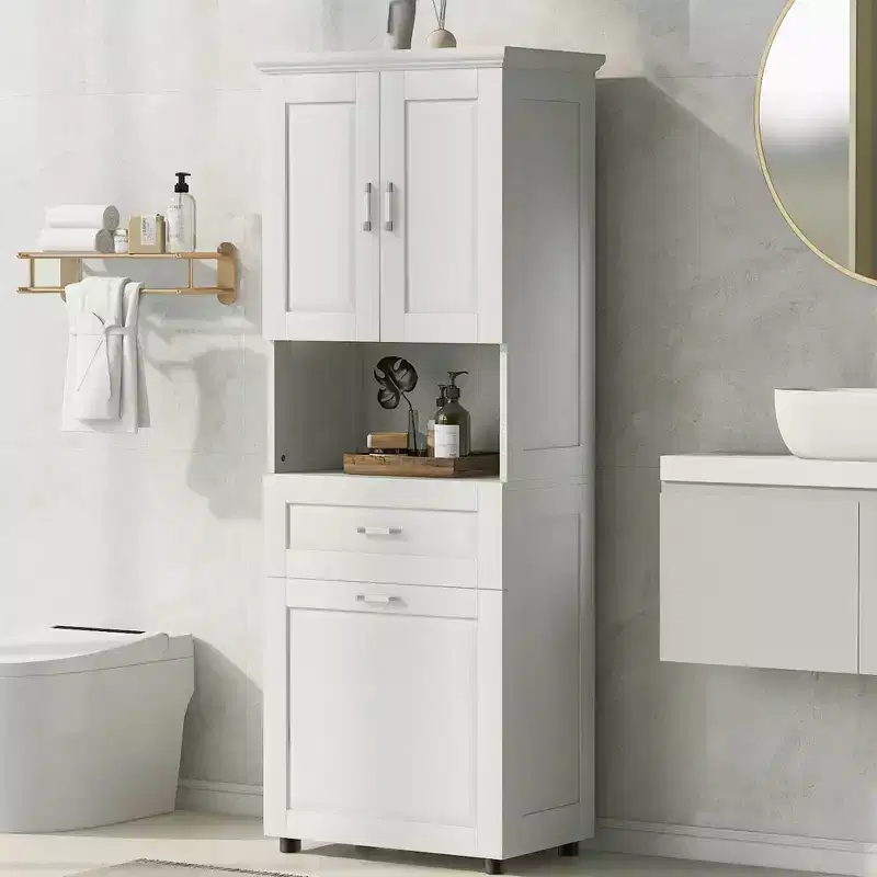 Tall Bathroom Cabinet with Laundry Basket, Tilt-Out Hamper and Upper Storage