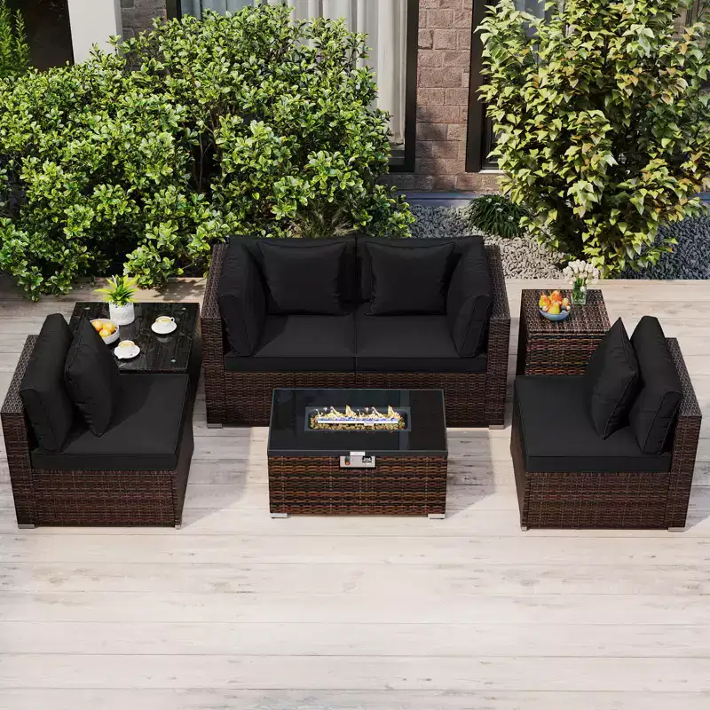 Costway 7 PCS Patio Furniture Set 40,000 BTU Gas Fire Pit Table Propane Tank Cover Table Mix Brown + Navy/Red/Black/Turquoise/Off-Whit