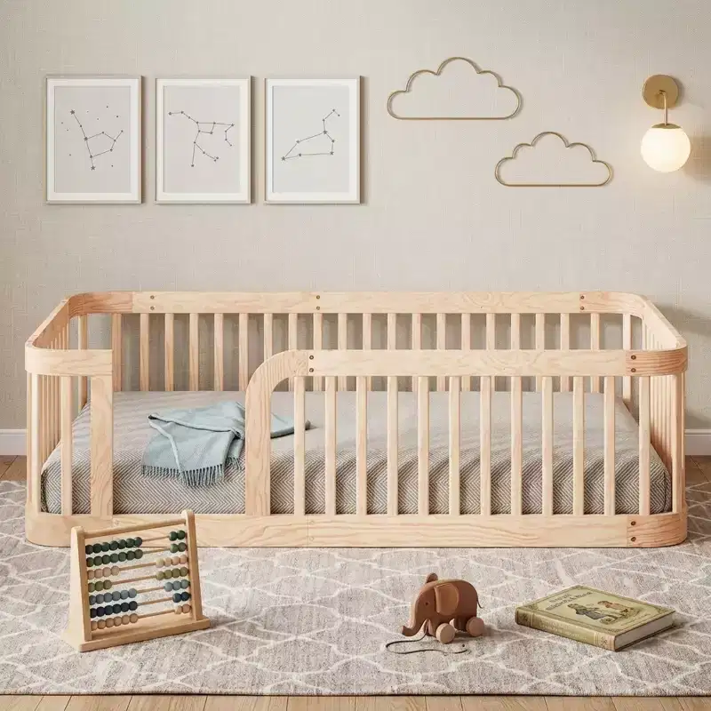 Wooden Floor Bed Frame with Fence Guardrails & Rounded Corners