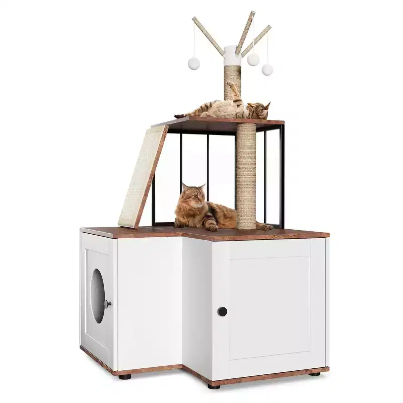 Modern 2-in-1 Cat Tree and Litter Box Enclosure with Odor-Resistant Surfaces, Multi-Level Tower