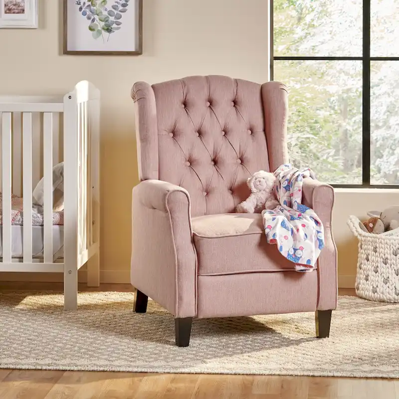Light Pink / Beige Wingback Push-Back Recliner, Button Tufted, Birch Legs, 1-Seat