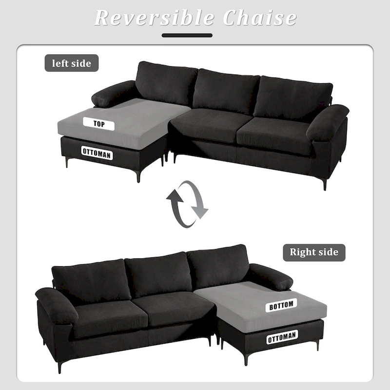 OVIOS Reversible Chaise Sofa With Fluffy Cushions Metal Legs