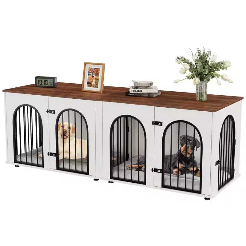 71 Dog Crate Furniture - Dual Kennel with Divider, Wooden Dog House & TV Stand for Large Dogs