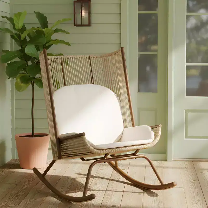 ModernLuxe Outdoor Rocking Chair with High Arc Backrest & Cushion, PE Rattan Patio Rocker, Modern Wicker Lounge Chair