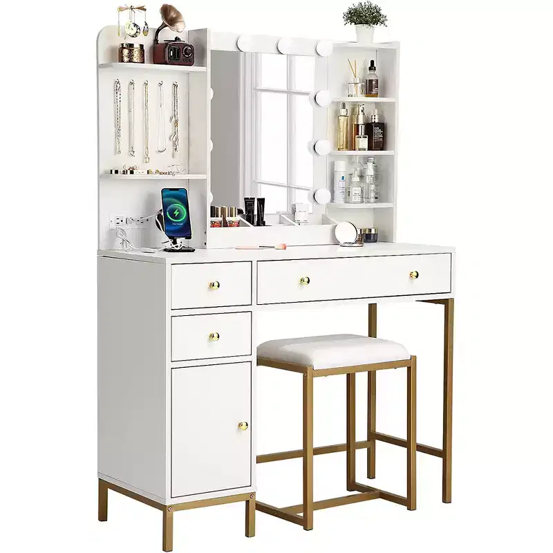 Makeup Vanity Desk with Chair Adjustable Lighted Mirror, Make Up Dresser Table with Drawers