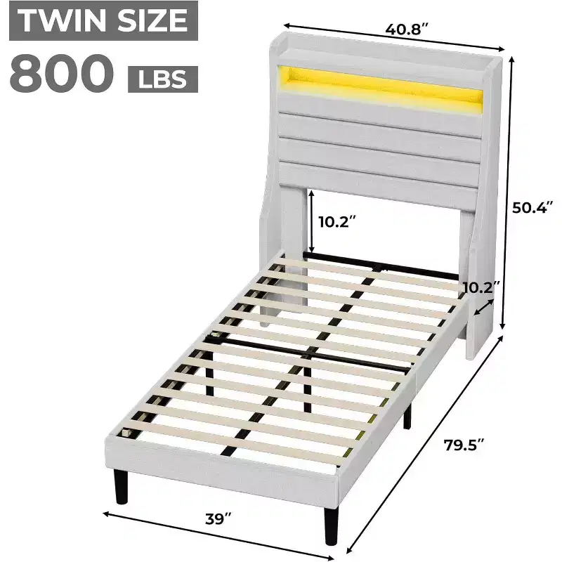 Modern Twin Bed Frame, Comfy Upholstered Platforms Bed with Wood Slat, Led Lights and Charging Station, No Box Spring Needed, Easy Assembly, Beige