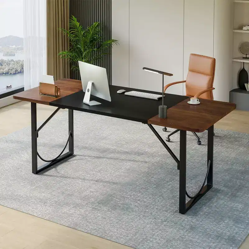 PINMOCO 63 Inch Home Office Desk, Modern Computer Desk with Waterproof Wood Top and Metal Frame for Study Room