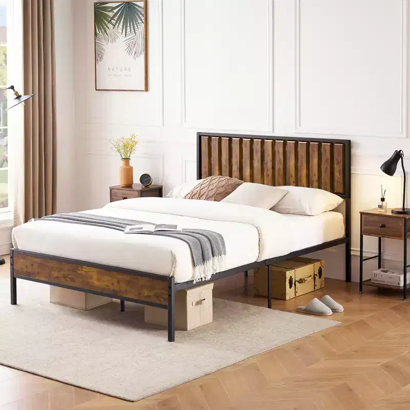 Metal Platform Bed Frame with Wooden Headboard and Footboard, 14 Slats Support, No Box Spring Needed, Noise-Free, Easy Assembly