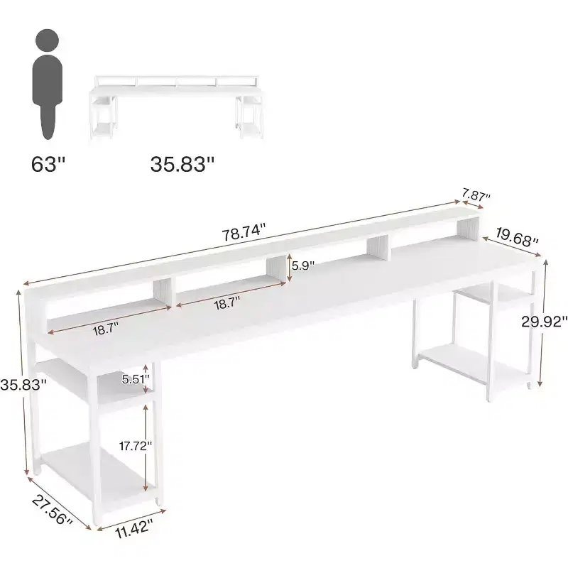 Lantine 78.74 Inches Extra Long Two-Person Desk with Monitor Stand and Storage Shelves, White Study Work Table for Home Office.