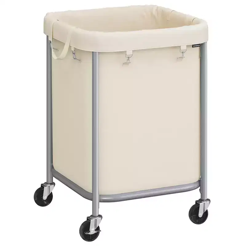 45-Gallon (170 L) Laundry Basket with Wheels, with Steel Frame and Removable Bag, 2 Locking Wheels, Cream White and Metallic Silver