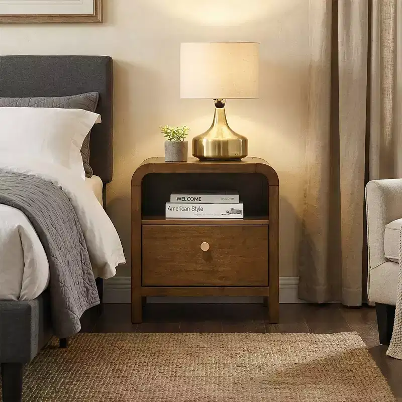 Wood Nightstand with Solid Rubberwood Frame
