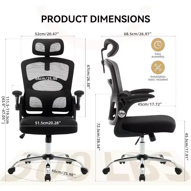 Ergonomic Office Chair with Adjustable Lumbar Support and Headrest, High-Back Mesh Desk Chair with Wheels for Home or Office Use, Black